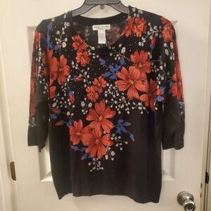 NWT Rebecca Malone Plus 1X Blk/Red Floral Light Sweater 3/4 Slv Embellish artsy